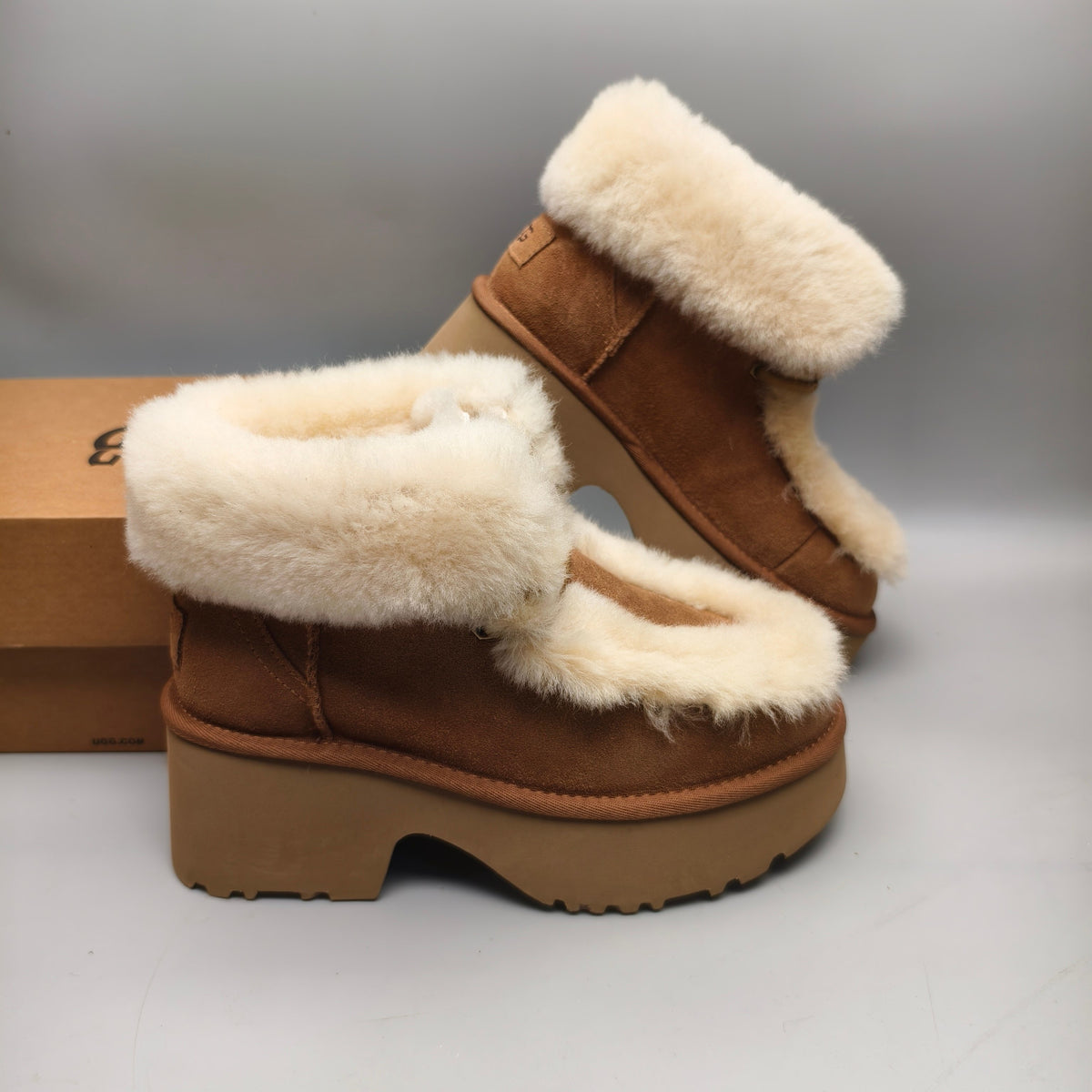 Chestnut Lace-Up Wedge Ankle Boots with Fluffy Trim | Style 1532
