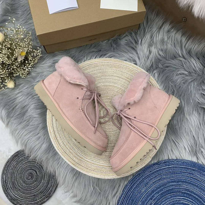 Pink Lace-Up Ankle Boots with Turned-Out Fluffy Trim | Style 3090