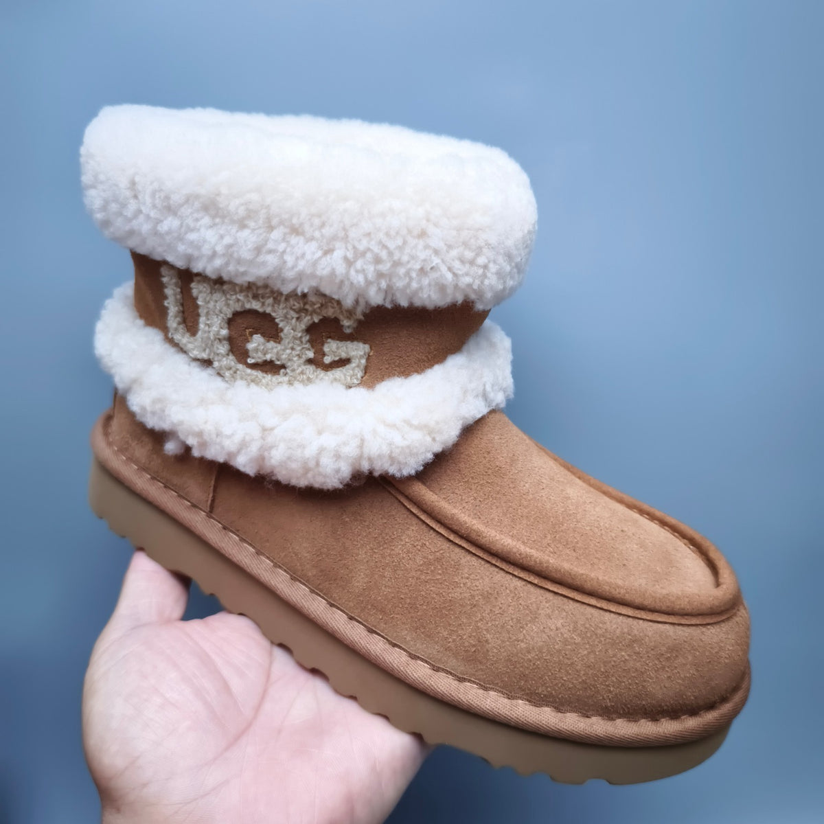 Chestnut Curly-Textured Mid-Top Boots with Oversized Logo | Style 5410