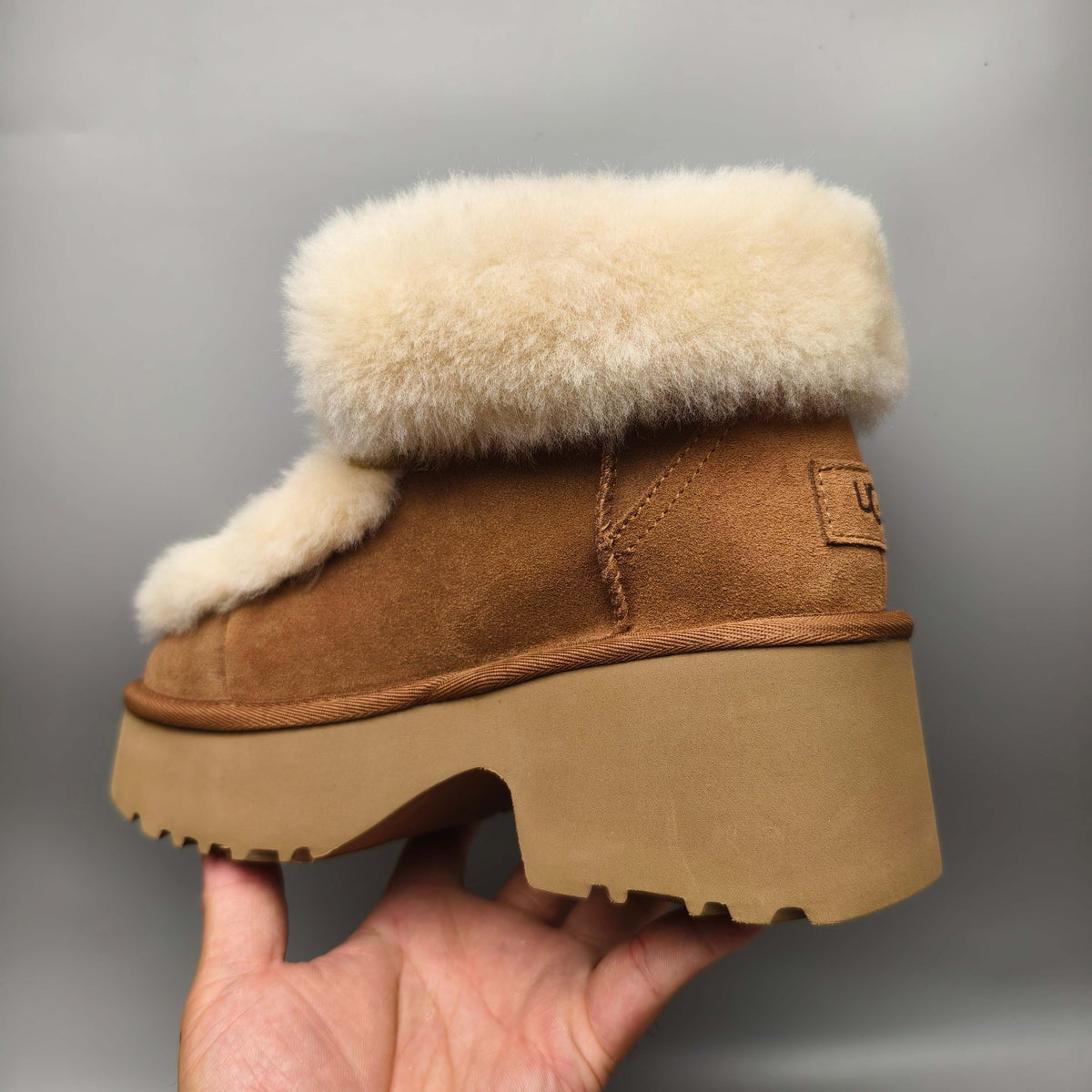 Chestnut Lace-Up Wedge Ankle Boots with Fluffy Trim | Style 1532