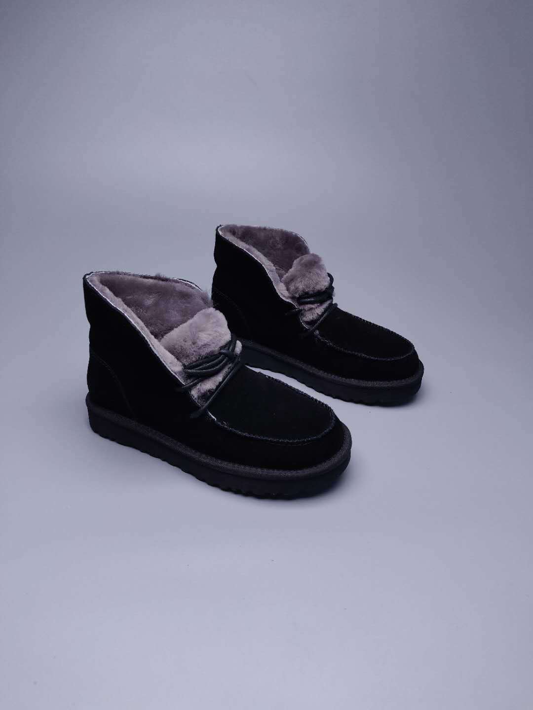 Black Lace-Up Ankle Boots with Turned-Out Fluffy Trim | Style 3090