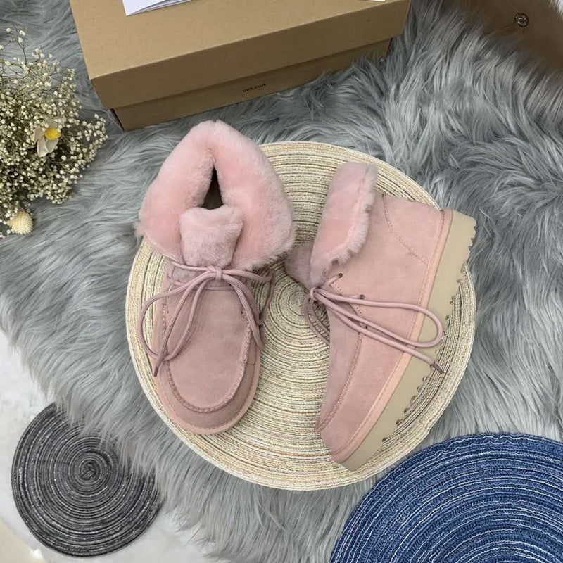 Pink Lace-Up Ankle Boots with Turned-Out Fluffy Trim | Style 3090