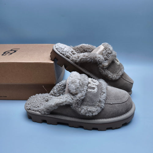 Antelope Brown Curly Plush Logo Slippers | Style 1206