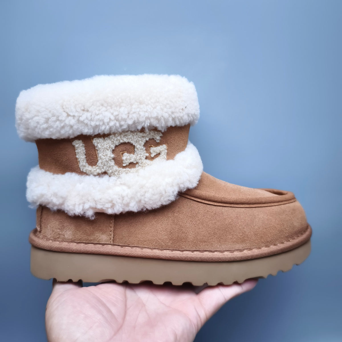 Chestnut Curly-Textured Mid-Top Boots with Oversized Logo | Style 5410