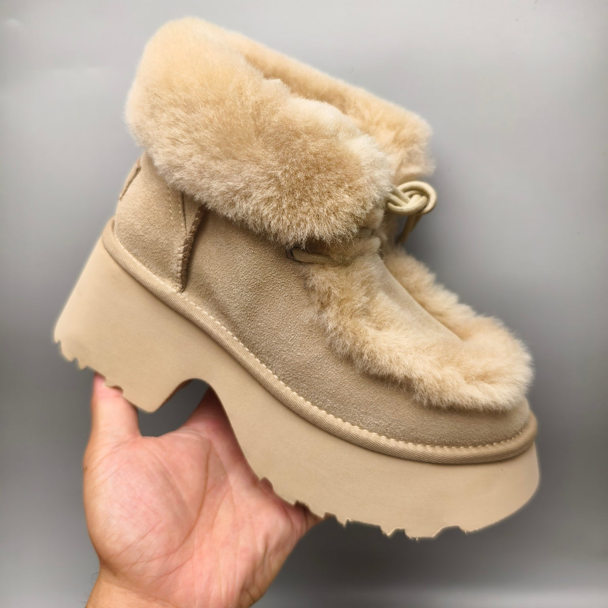 Mustard Lace-Up Wedge Ankle Boots with Fluffy Trim | Style 1532