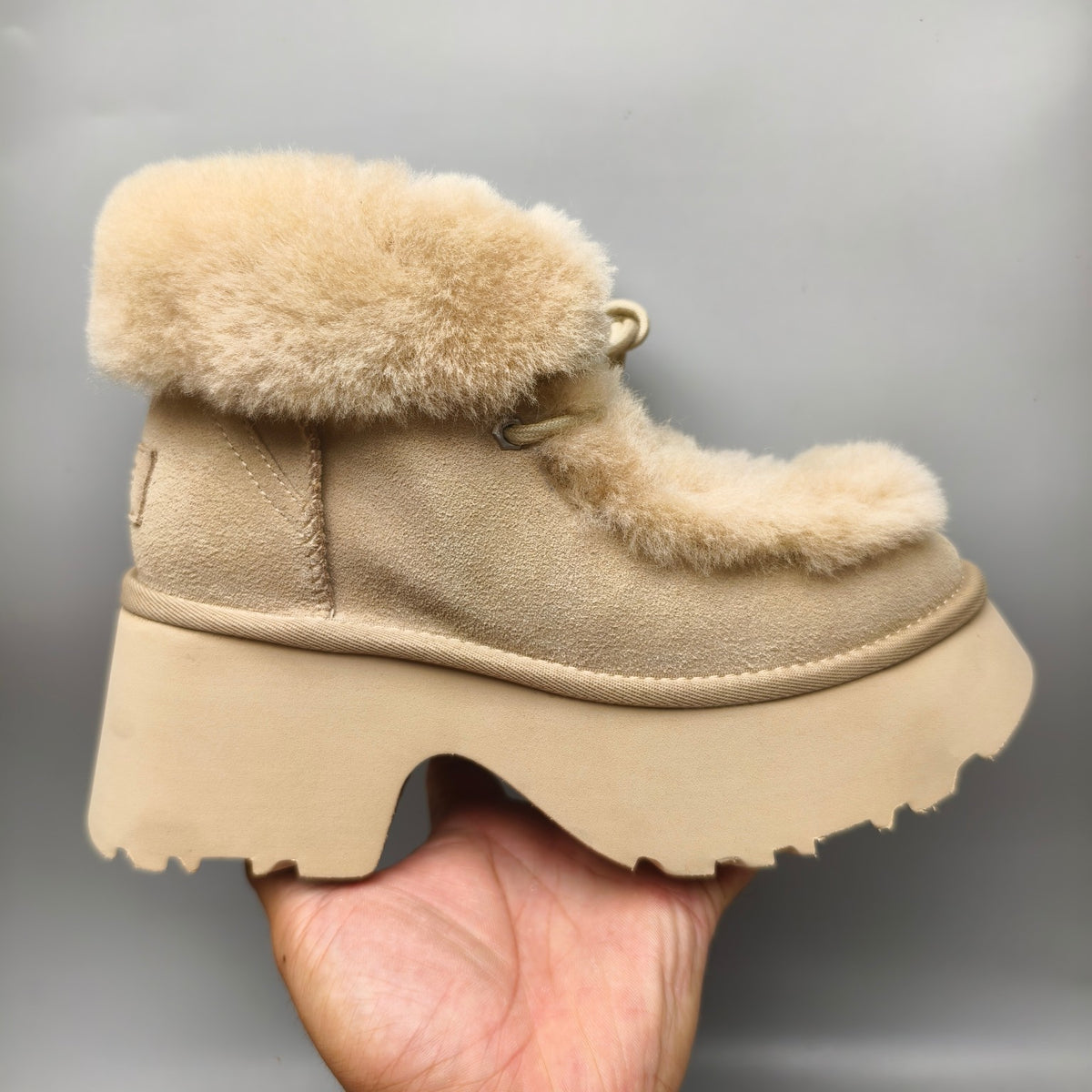 Mustard Lace-Up Wedge Ankle Boots with Fluffy Trim | Style 1532