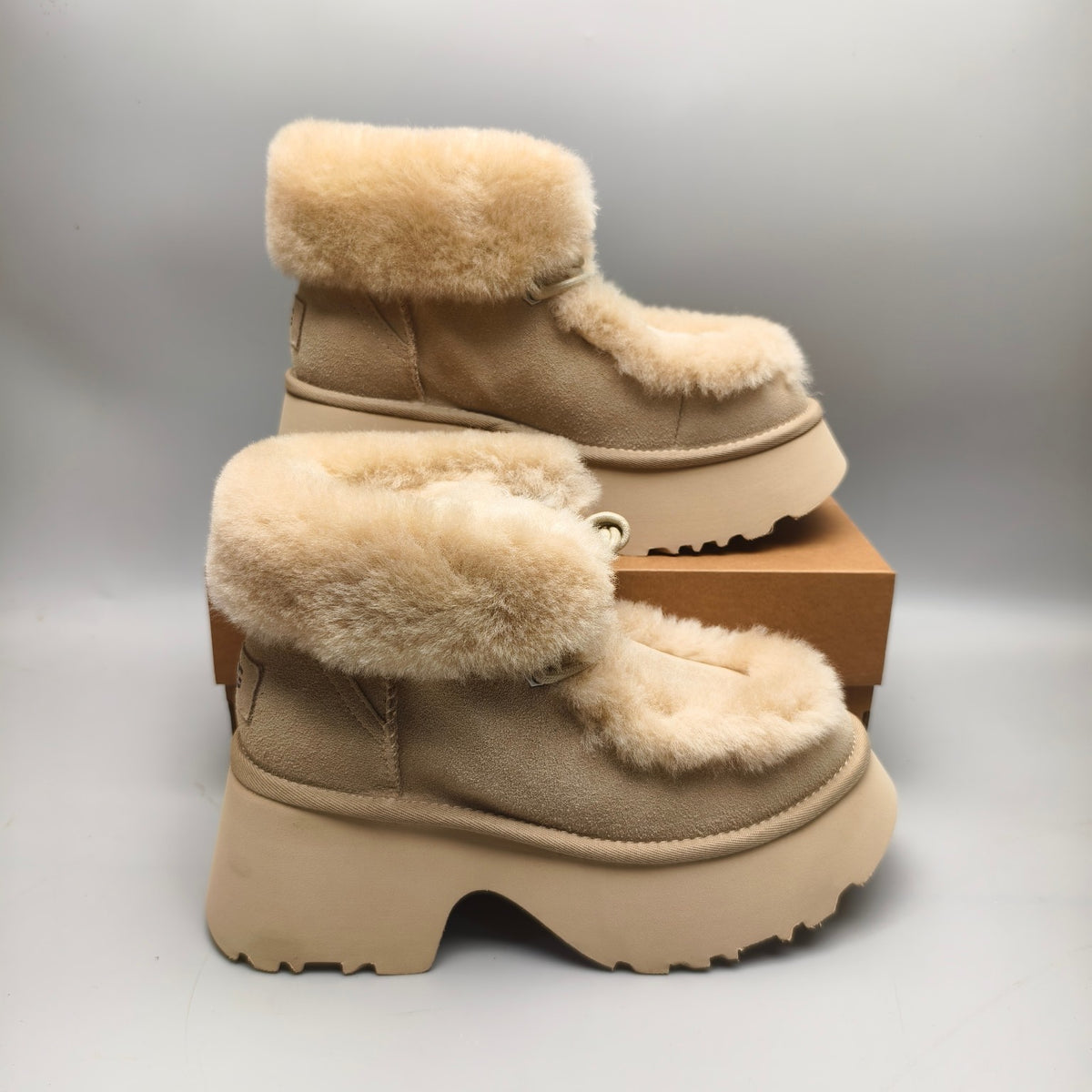 Mustard Lace-Up Wedge Ankle Boots with Fluffy Trim | Style 1532