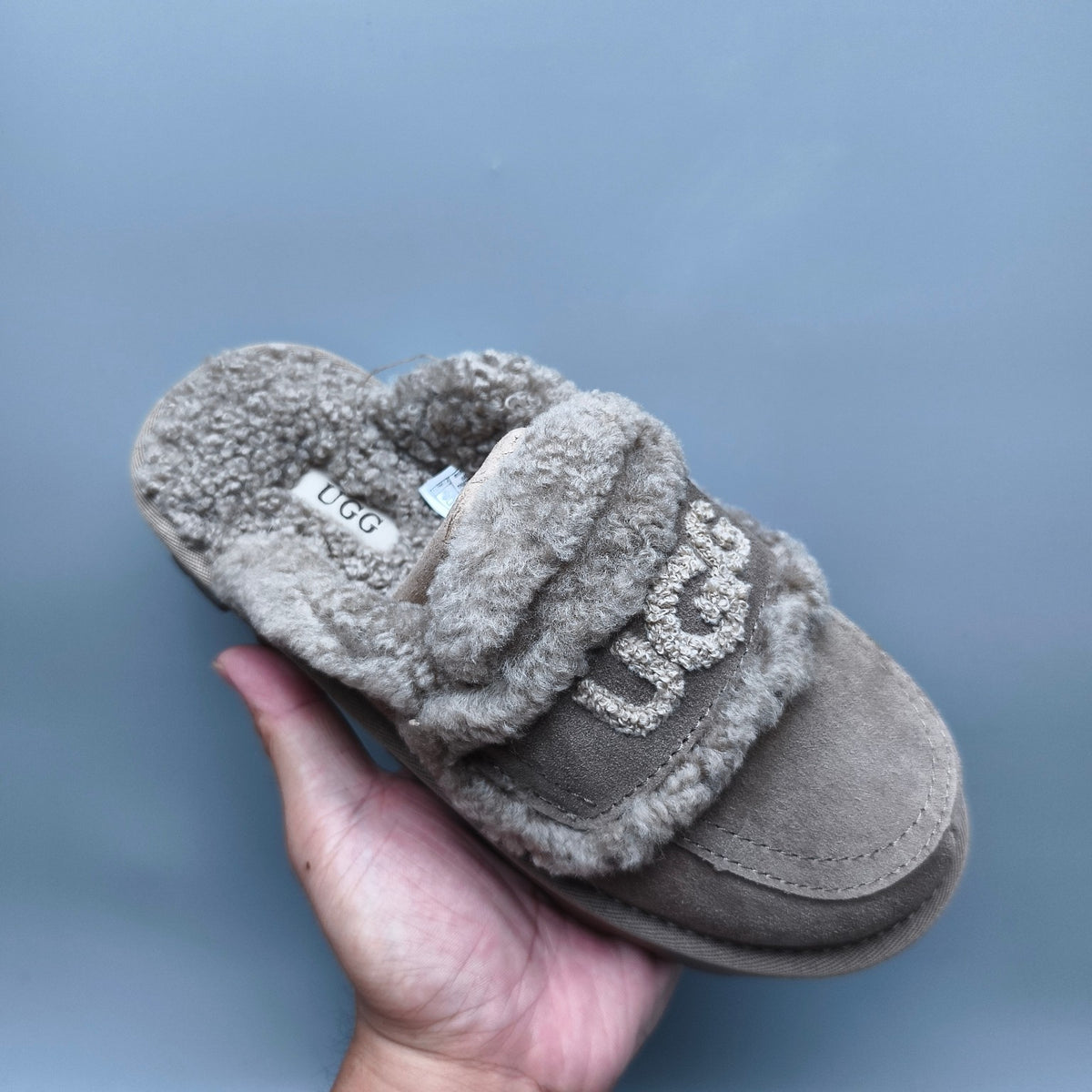 Antelope Brown Curly Plush Logo Slippers | Style 1206