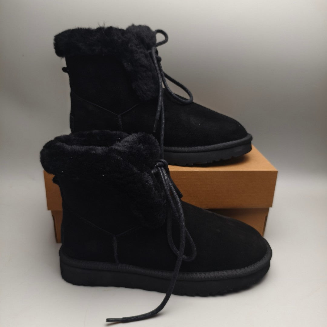 Black Lace-Up Mid-Calf Casual Boots | Style 4576