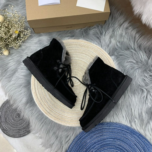 Black Lace-Up Ankle Boots with Turned-Out Fluffy Trim | Style 3090