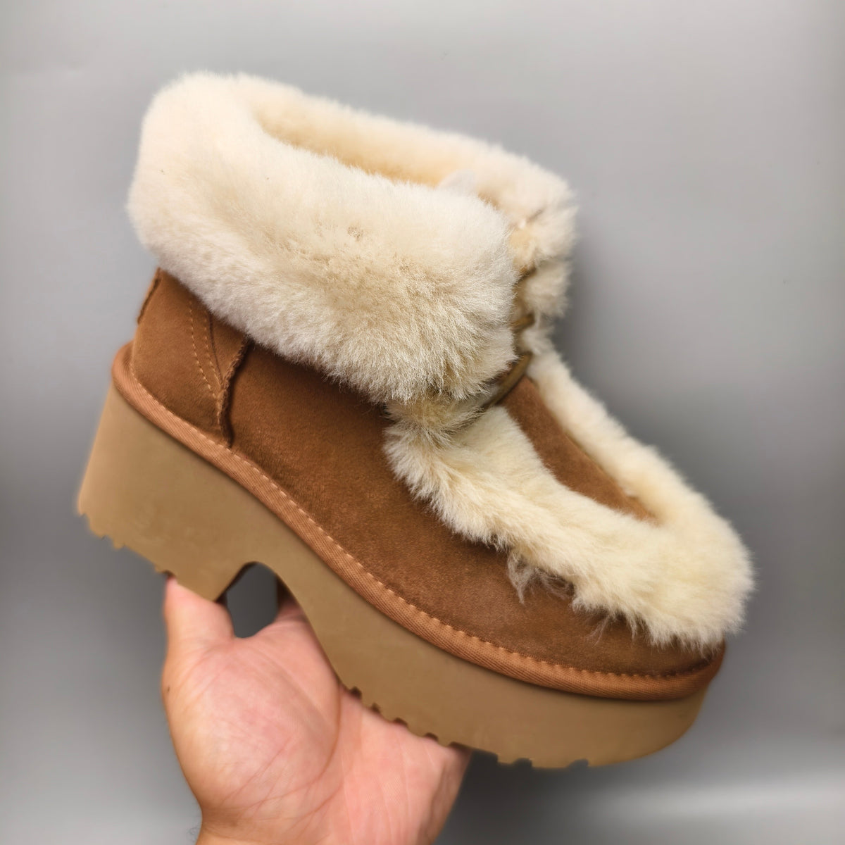 Chestnut Lace-Up Wedge Ankle Boots with Fluffy Trim | Style 1532