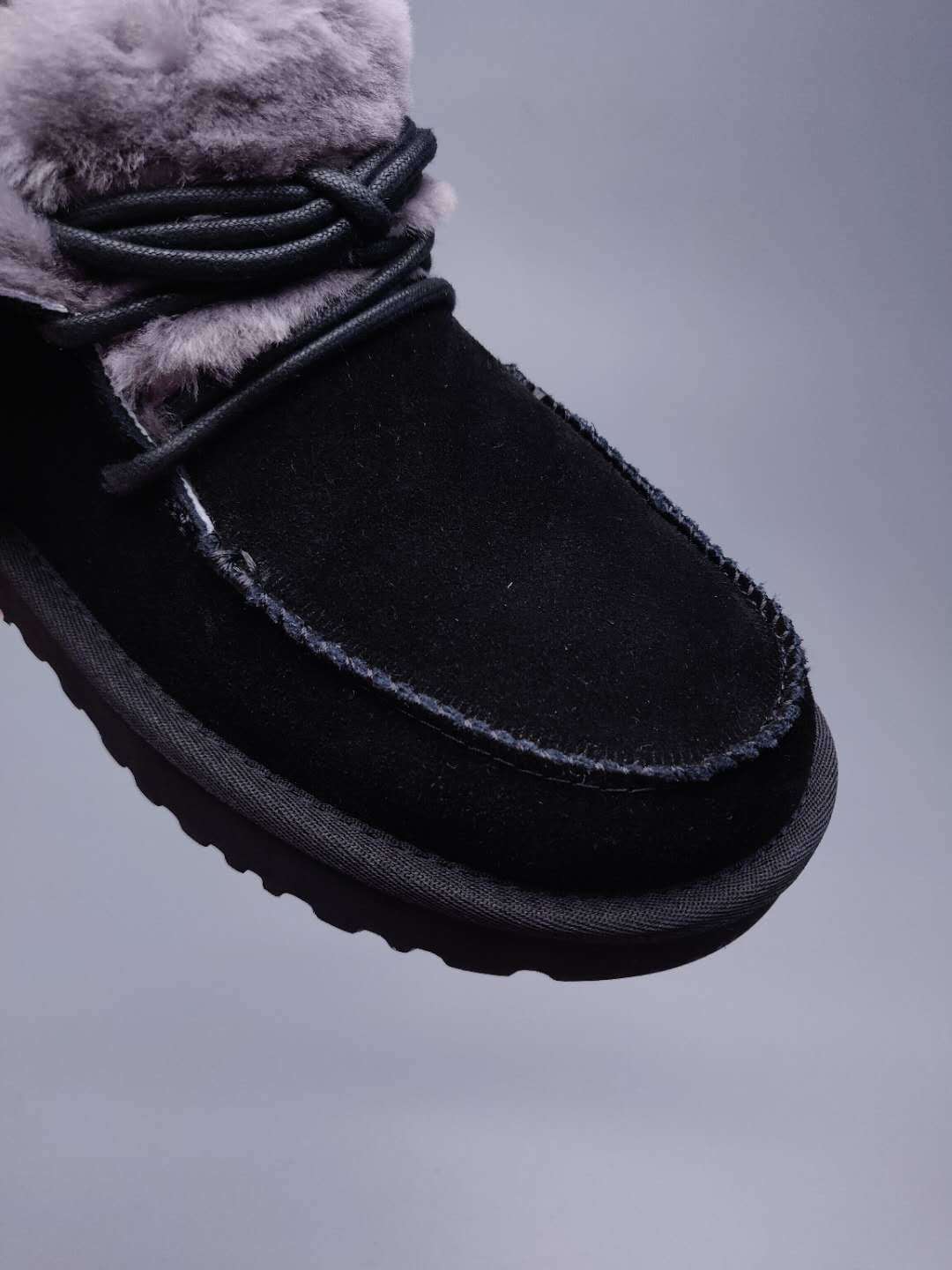 Black Lace-Up Ankle Boots with Turned-Out Fluffy Trim | Style 3090