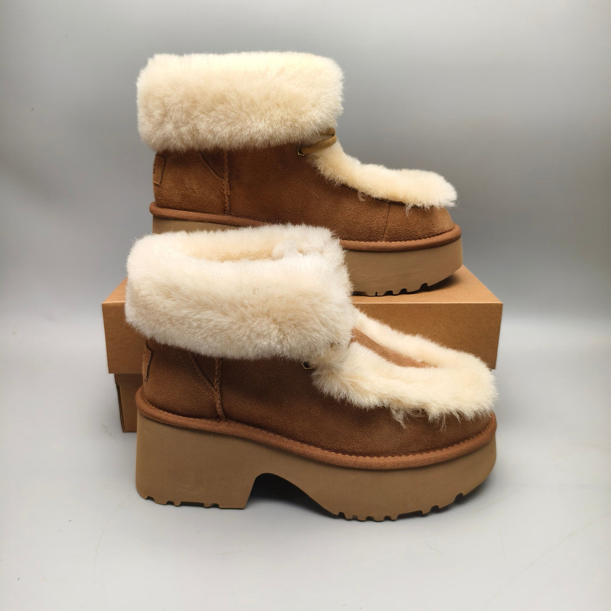 Chestnut Lace-Up Wedge Ankle Boots with Fluffy Trim | Style 1532