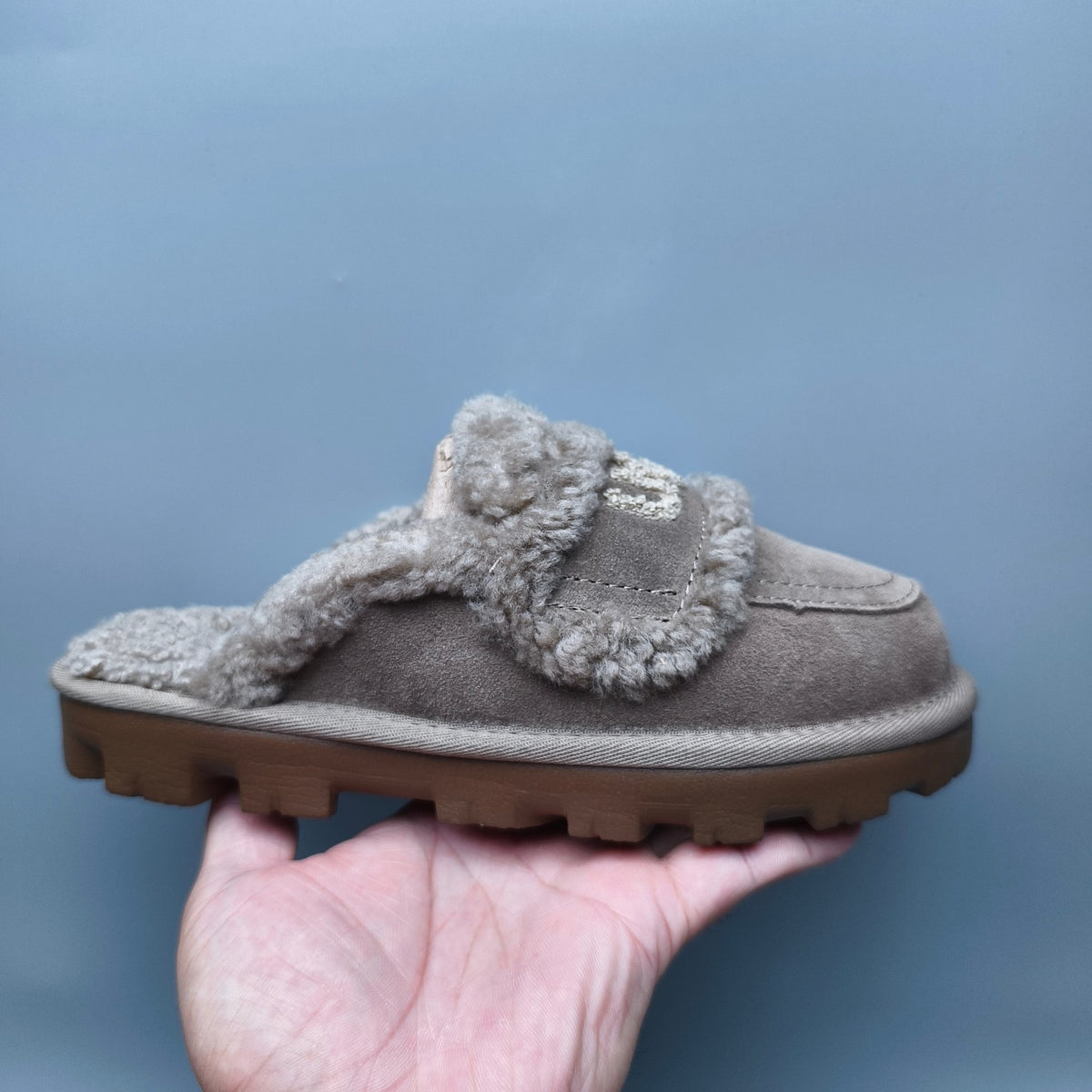 Antelope Brown Curly Plush Logo Slippers | Style 1206