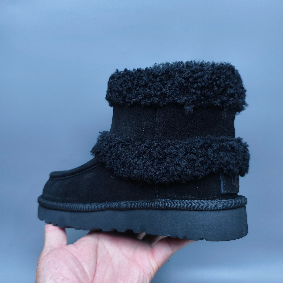 Black Curly-Textured Mid-Top Boots with Oversized Logo | Style 5410