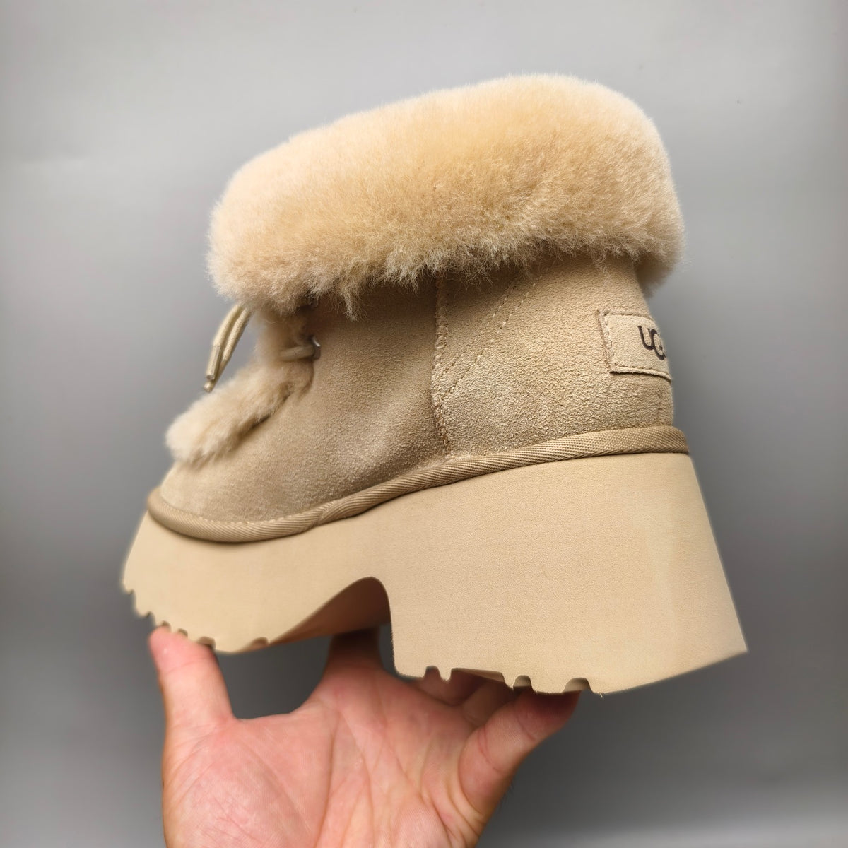 Mustard Lace-Up Wedge Ankle Boots with Fluffy Trim | Style 1532