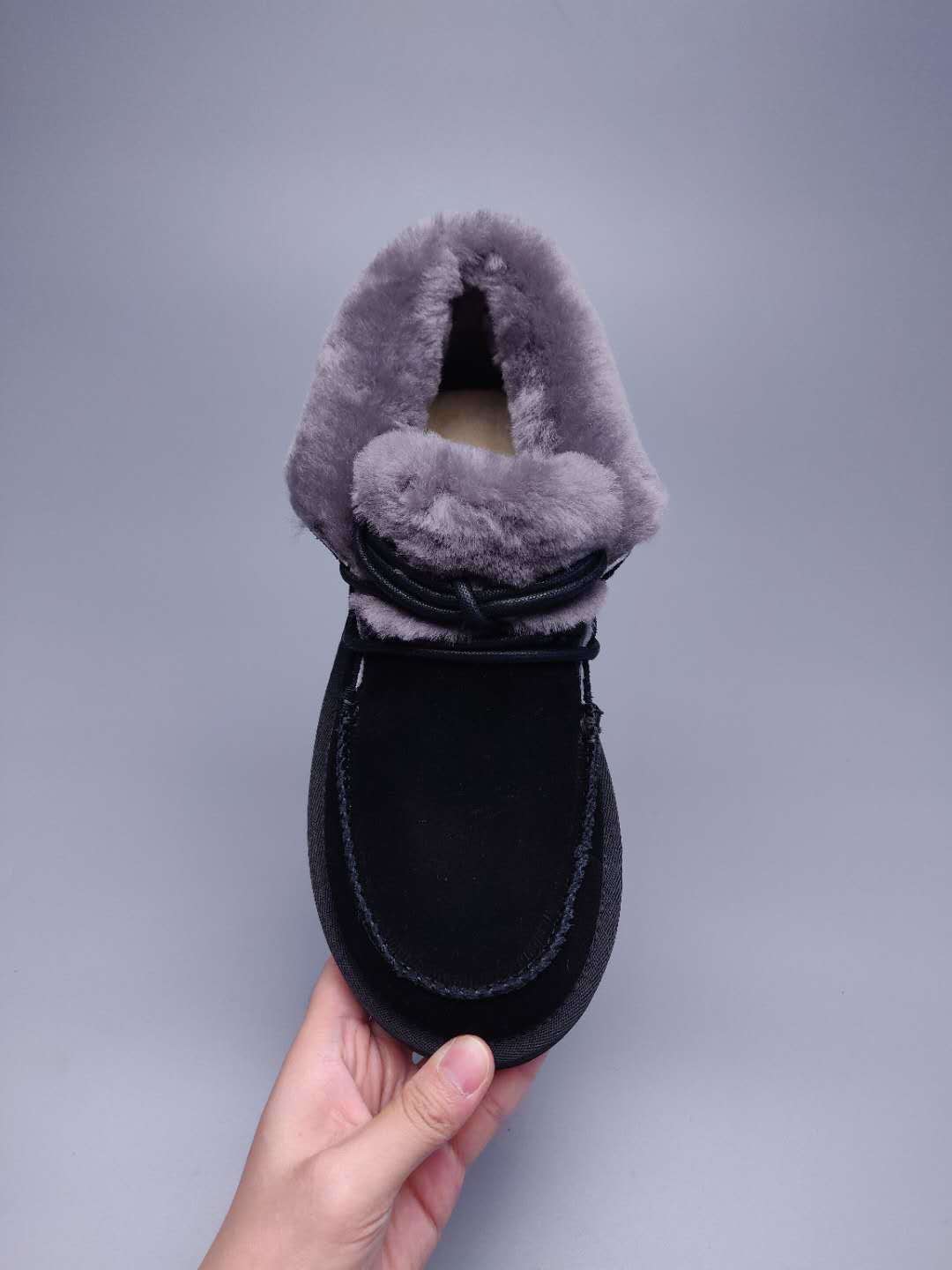 Black Lace-Up Ankle Boots with Turned-Out Fluffy Trim | Style 3090