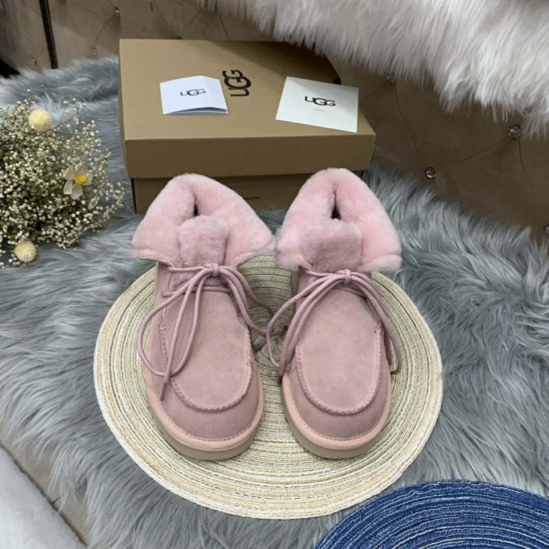 Pink Lace-Up Ankle Boots with Turned-Out Fluffy Trim | Style 3090