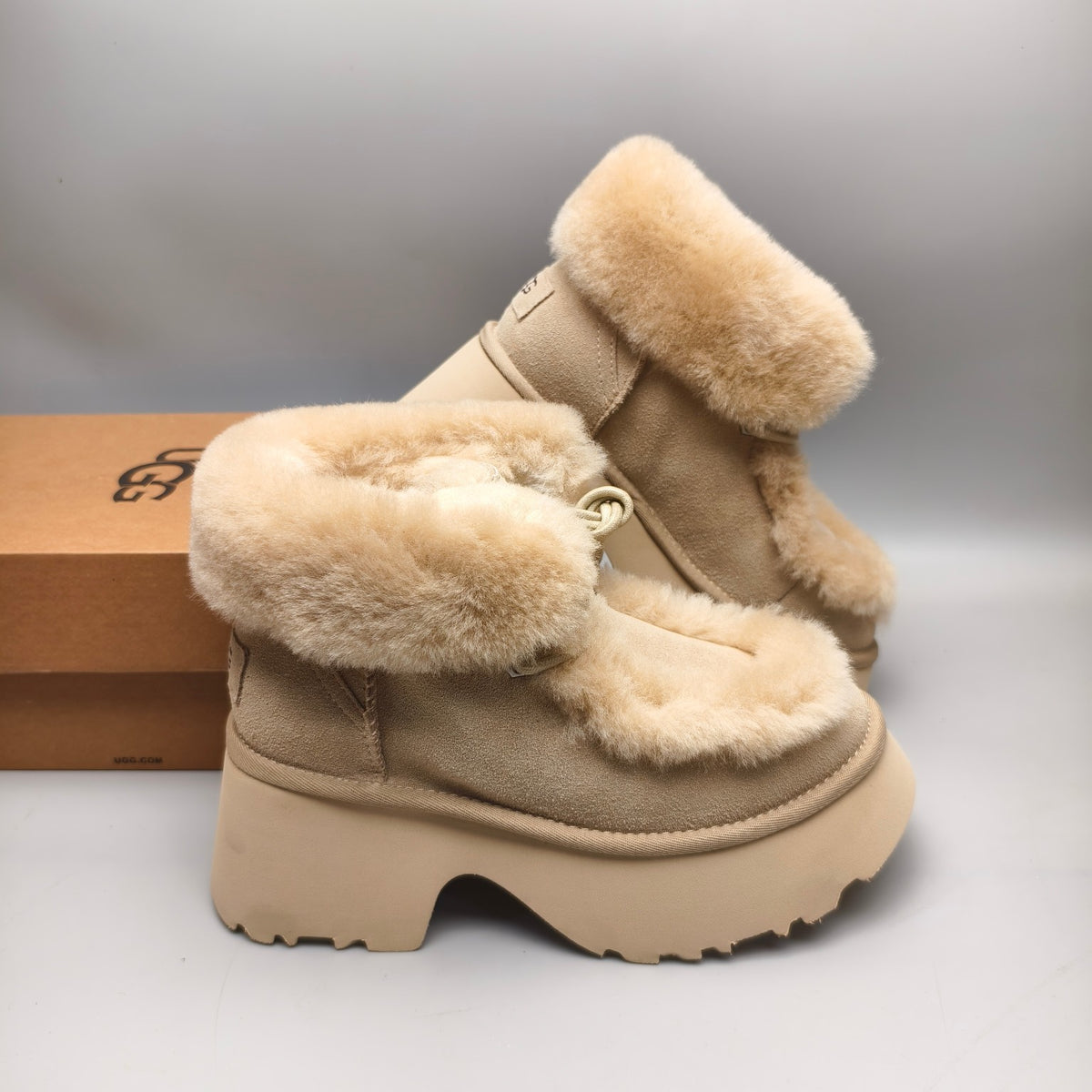 Mustard Lace-Up Wedge Ankle Boots with Fluffy Trim | Style 1532