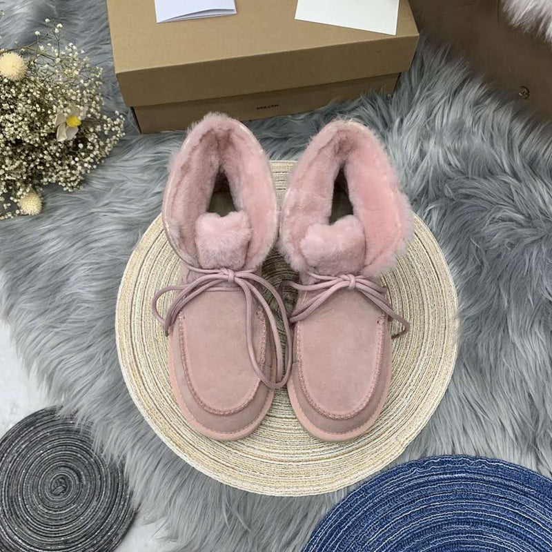Pink Lace-Up Ankle Boots with Turned-Out Fluffy Trim | Style 3090