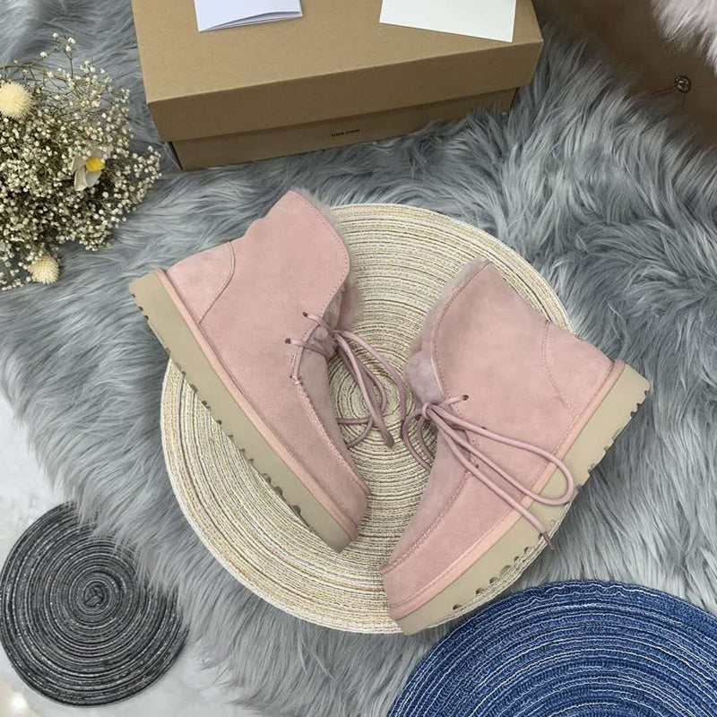 Pink Lace-Up Ankle Boots with Turned-Out Fluffy Trim | Style 3090